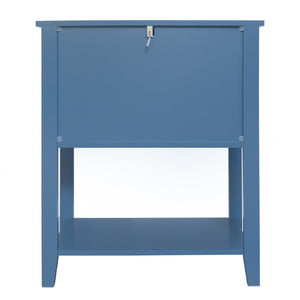 English Elm Dusty Blue Boho Nightstand with Carved Lattice Drawers Gold Pulls and Open Shelf W688P539159
