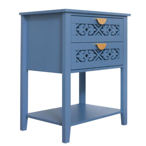 English Elm Dusty Blue Boho Nightstand with Carved Lattice Drawers Gold Pulls and Open Shelf W688P539159