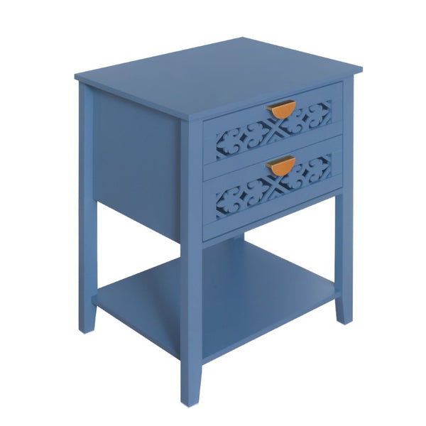 English Elm Dusty Blue Boho Nightstand with Carved Lattice Drawers Gold Pulls and Open Shelf W688P539159