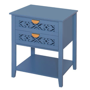 English Elm Dusty Blue Boho Nightstand with Carved Lattice Drawers Gold Pulls and Open Shelf W688P539159