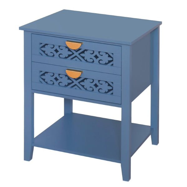English Elm Dusty Blue Boho Nightstand with Carved Lattice Drawers Gold Pulls and Open Shelf W688P539159