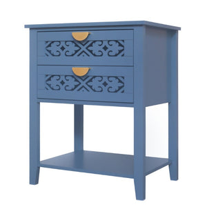 English Elm Dusty Blue Boho Nightstand with Carved Lattice Drawers Gold Pulls and Open Shelf W688P539159