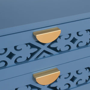 English Elm Dusty Blue Boho Nightstand with Carved Lattice Drawers Gold Pulls and Open Shelf W688P539159