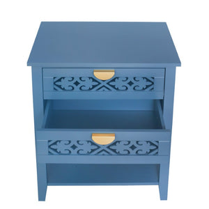 English Elm Dusty Blue Boho Nightstand with Carved Lattice Drawers Gold Pulls and Open Shelf W688P539159