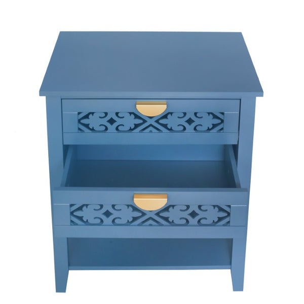 English Elm Dusty Blue Boho Nightstand with Carved Lattice Drawers Gold Pulls and Open Shelf W688P539159