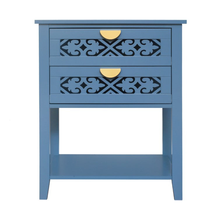 English Elm Dusty Blue Boho Nightstand with Carved Lattice Drawers Gold Pulls and Open Shelf W688P539159