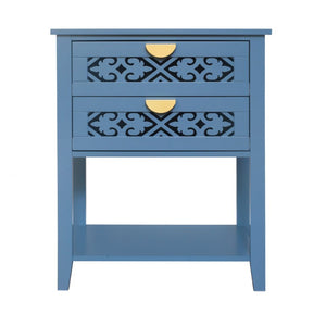 English Elm Dusty Blue Boho Nightstand with Carved Lattice Drawers Gold Pulls and Open Shelf W688P539159