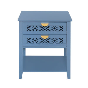 English Elm Dusty Blue Boho Nightstand with Carved Lattice Drawers Gold Pulls and Open Shelf W688P539159