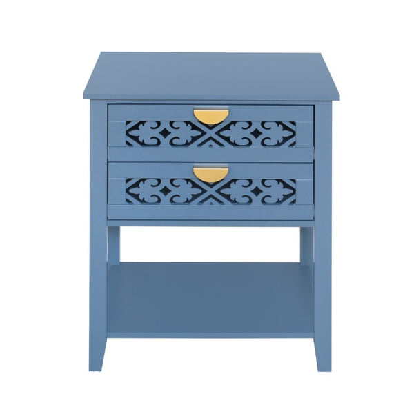 English Elm Dusty Blue Boho Nightstand with Carved Lattice Drawers Gold Pulls and Open Shelf W688P539159