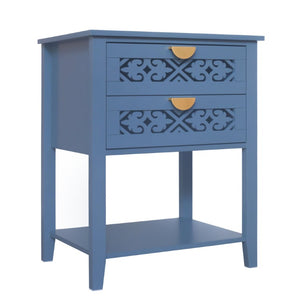 English Elm Dusty Blue Boho Nightstand with Carved Lattice Drawers Gold Pulls and Open Shelf W688P539159