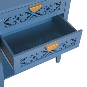 English Elm Dusty Blue Boho Nightstand with Carved Lattice Drawers Gold Pulls and Open Shelf W688P539159