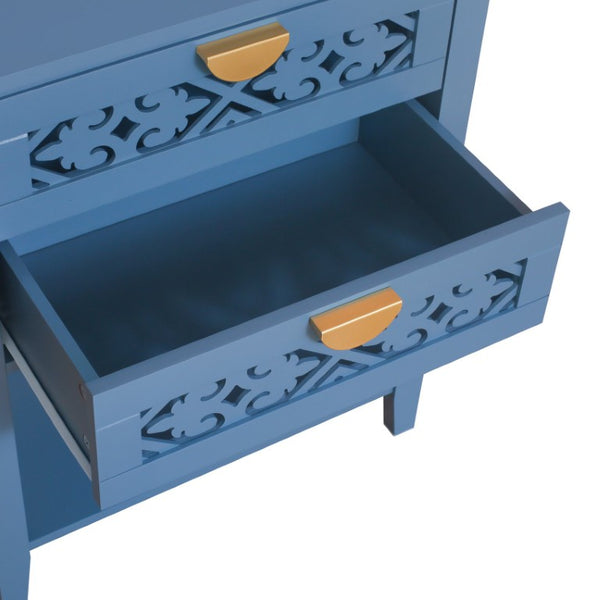 English Elm Dusty Blue Boho Nightstand with Carved Lattice Drawers Gold Pulls and Open Shelf W688P539159