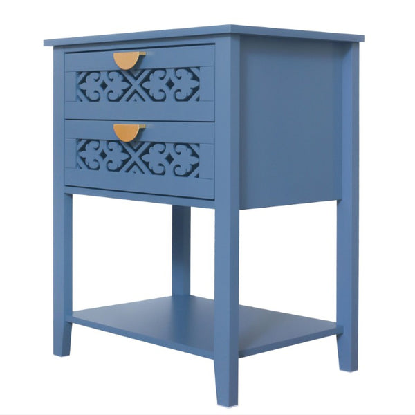 English Elm Dusty Blue Boho Nightstand with Carved Lattice Drawers Gold Pulls and Open Shelf W688P539159