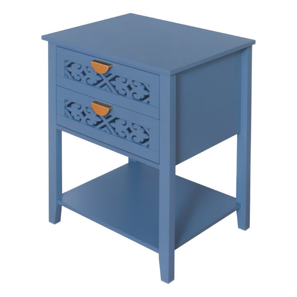 English Elm Dusty Blue Boho Nightstand with Carved Lattice Drawers Gold Pulls and Open Shelf W688P539159