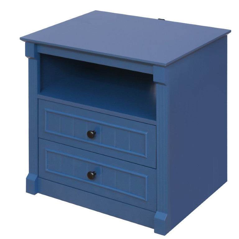 English Elm Dusty Blue Fluted Nightstand Retro American Bedside with Bronze Hardware Mid-Century Charm W688P540411