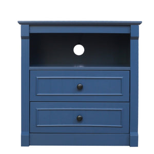 English Elm Dusty Blue Fluted Nightstand Retro American Bedside with Bronze Hardware Mid-Century Charm W688P540411