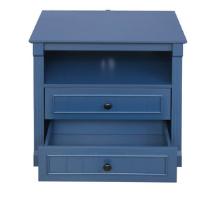 English Elm Dusty Blue Fluted Nightstand Retro American Bedside with Bronze Hardware Mid-Century Charm W688P540411