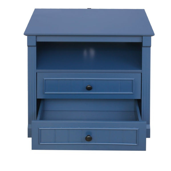 English Elm Dusty Blue Fluted Nightstand Retro American Bedside with Bronze Hardware Mid-Century Charm W688P540411