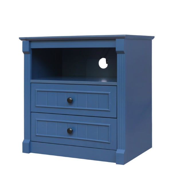 English Elm Dusty Blue Fluted Nightstand Retro American Bedside with Bronze Hardware Mid-Century Charm W688P540411