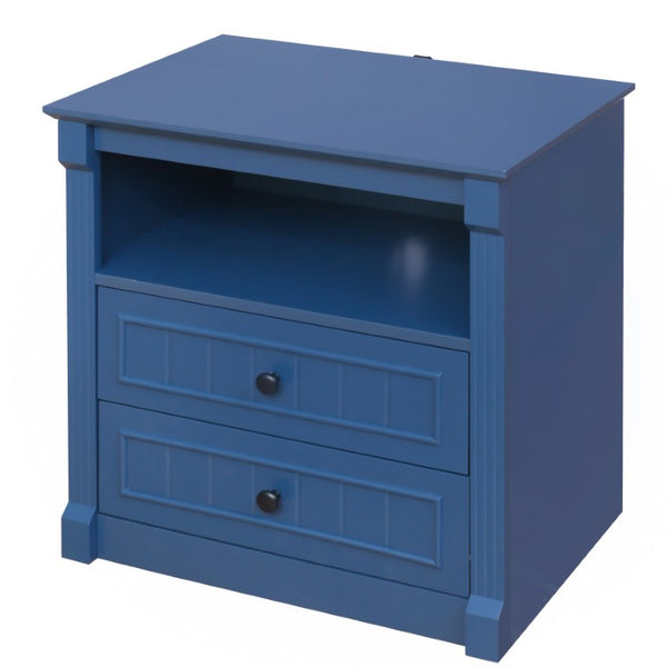 English Elm Dusty Blue Fluted Nightstand Retro American Bedside with Bronze Hardware Mid-Century Charm W688P540411
