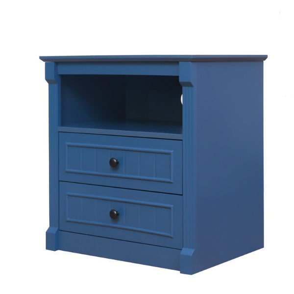 English Elm Dusty Blue Fluted Nightstand Retro American Bedside with Bronze Hardware Mid-Century Charm W688P540411