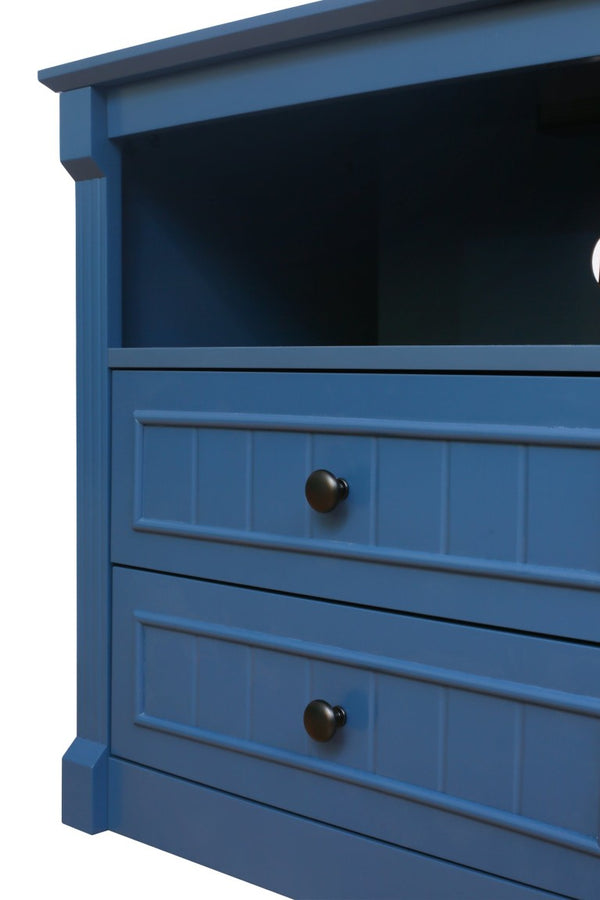 English Elm Dusty Blue Fluted Nightstand Retro American Bedside with Bronze Hardware Mid-Century Charm W688P540411