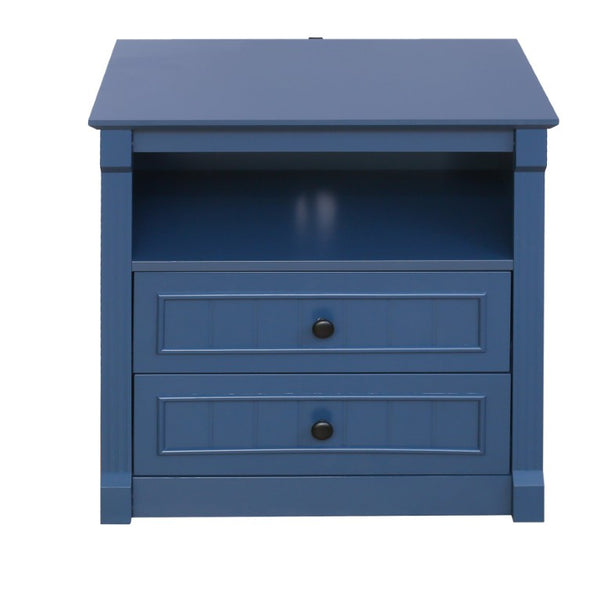 English Elm Dusty Blue Fluted Nightstand Retro American Bedside with Bronze Hardware Mid-Century Charm W688P540411
