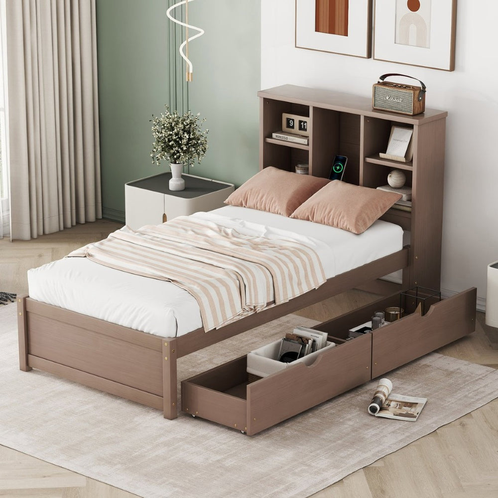 English Elm Modern Twin Storage Bed Bookcase Headboard with Usb Charging Port and Two Drawers Walnut W697P152020