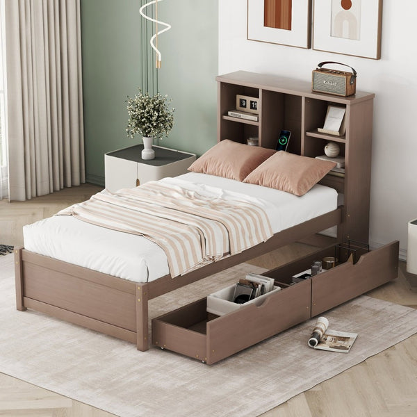 English Elm Modern Twin Storage Bed Bookcase Headboard with Usb Charging Port and Two Drawers Walnut W697P152020