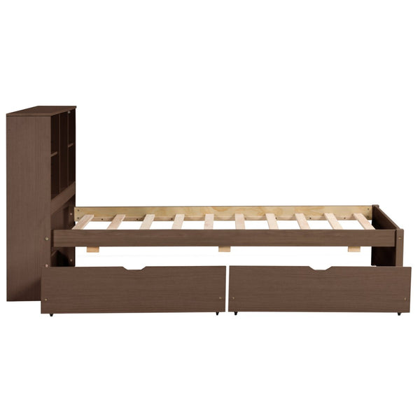 English Elm Modern Twin Storage Bed Bookcase Headboard with Usb Charging Port and Two Drawers Walnut W697P152020
