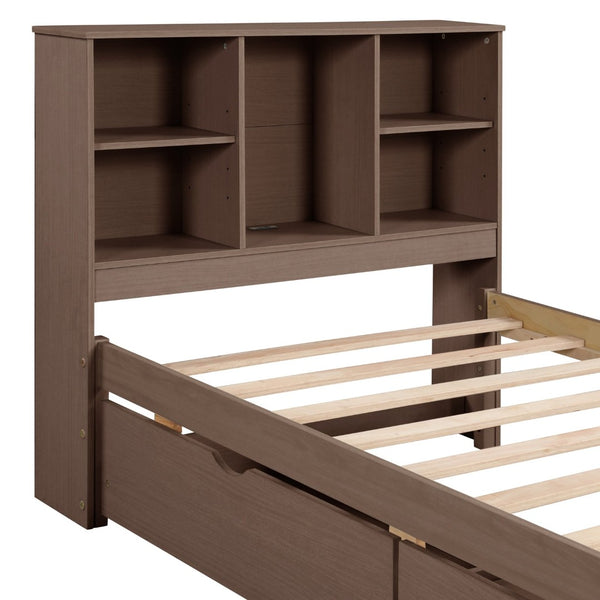 English Elm Modern Twin Storage Bed Bookcase Headboard with Usb Charging Port and Two Drawers Walnut W697P152020