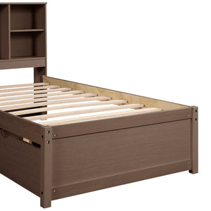 English Elm Modern Twin Storage Bed Bookcase Headboard with Usb Charging Port and Two Drawers Walnut W697P152020
