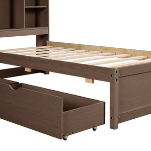 English Elm Modern Twin Storage Bed Bookcase Headboard with Usb Charging Port and Two Drawers Walnut W697P152020