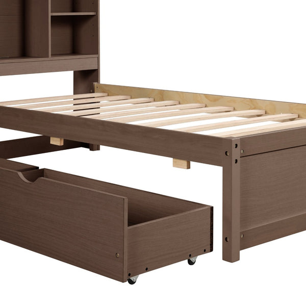English Elm Modern Twin Storage Bed Bookcase Headboard with Usb Charging Port and Two Drawers Walnut W697P152020
