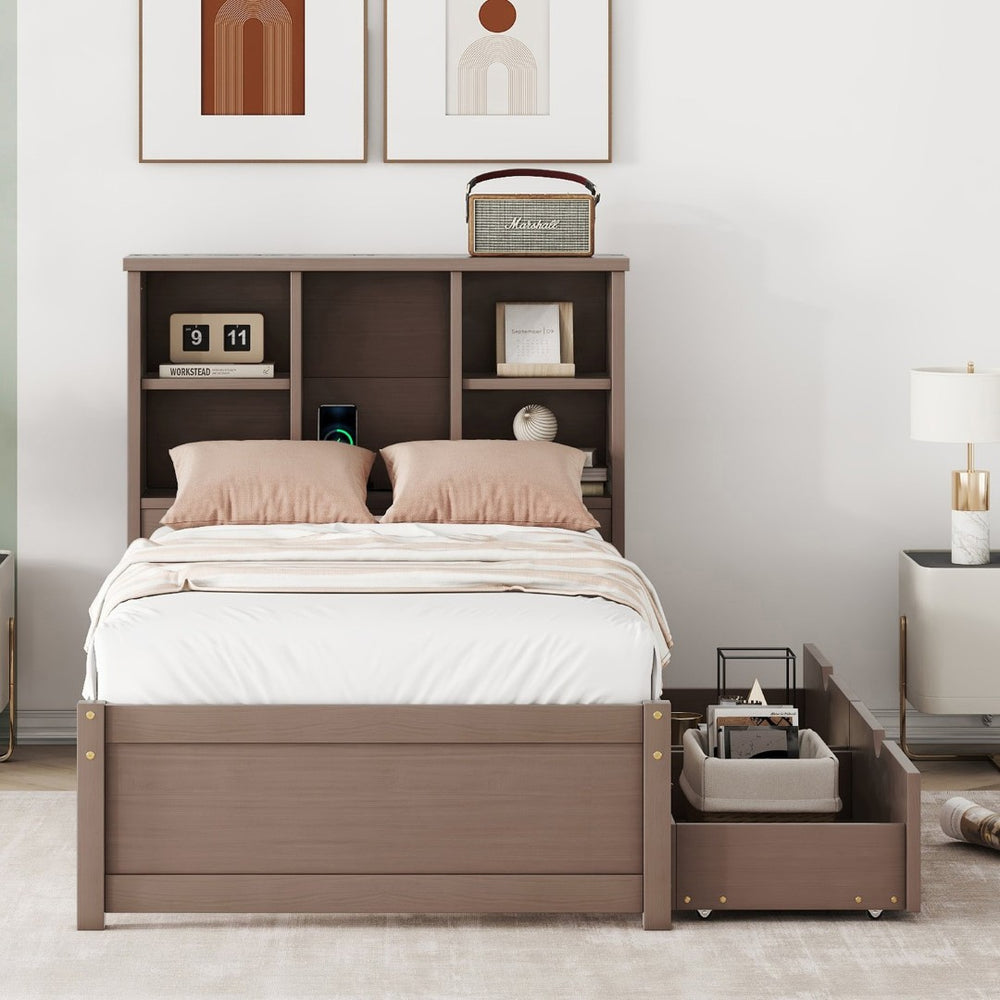 English Elm Modern Twin Storage Bed Bookcase Headboard with Usb Charging Port and Two Drawers Walnut W697P152020