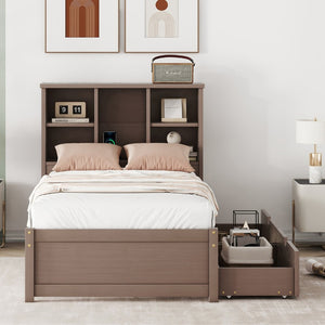 English Elm Modern Twin Storage Bed Bookcase Headboard with Usb Charging Port and Two Drawers Walnut W697P152020