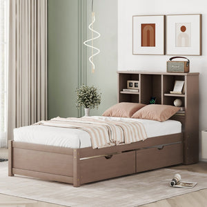 English Elm Modern Twin Storage Bed Bookcase Headboard with Usb Charging Port and Two Drawers Walnut W697P152020