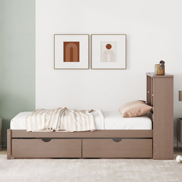 English Elm Modern Twin Storage Bed Bookcase Headboard with Usb Charging Port and Two Drawers Walnut W697P152020