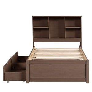 English Elm Modern Twin Storage Bed Bookcase Headboard with Usb Charging Port and Two Drawers Walnut W697P152020