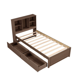 English Elm Modern Twin Storage Bed Bookcase Headboard with Usb Charging Port and Two Drawers Walnut W697P152020