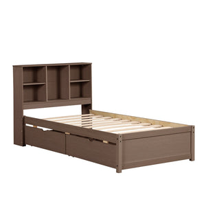 English Elm Modern Twin Storage Bed Bookcase Headboard with Usb Charging Port and Two Drawers Walnut W697P152020