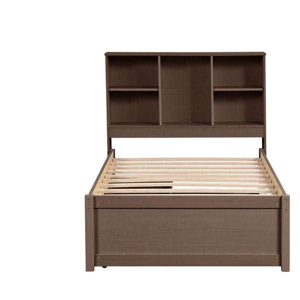 English Elm Modern Twin Storage Bed Bookcase Headboard with Usb Charging Port and Two Drawers Walnut W697P152020
