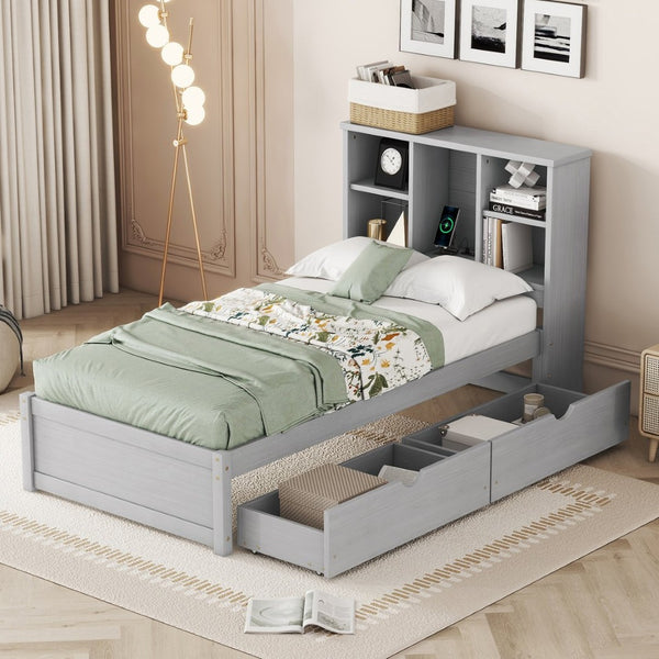 English Elm Modern Twin Storage Bed Bookcase Headboard with Usb Charging Port and Two Drawers W697P152021