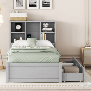 English Elm Modern Twin Storage Bed Bookcase Headboard with Usb Charging Port and Two Drawers W697P152021