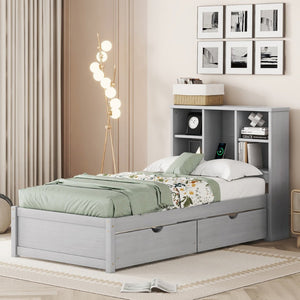 English Elm Modern Twin Storage Bed Bookcase Headboard with Usb Charging Port and Two Drawers W697P152021