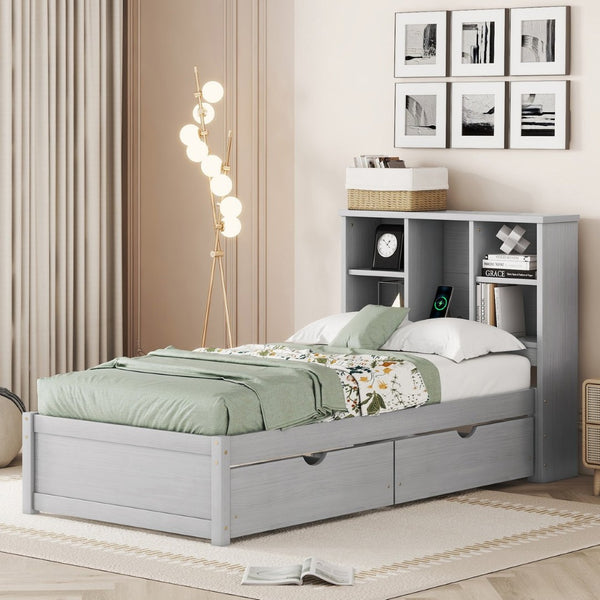 English Elm Modern Twin Storage Bed Bookcase Headboard with Usb Charging Port and Two Drawers W697P152021