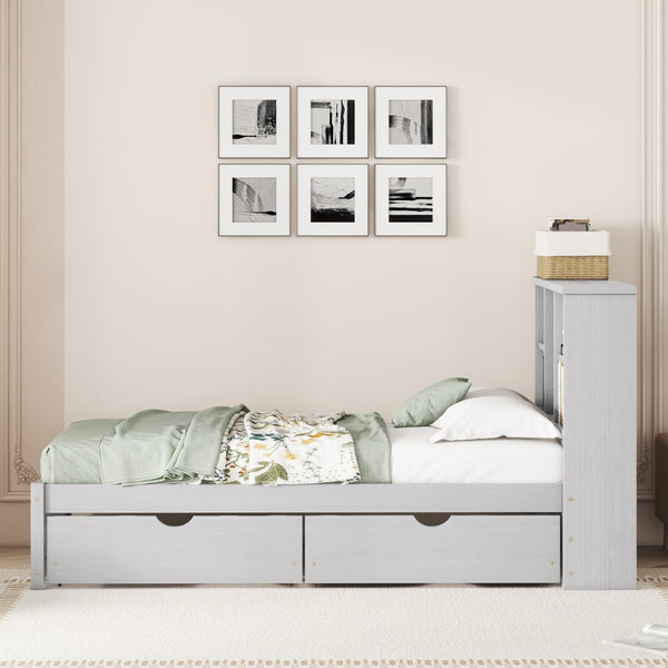 English Elm Modern Twin Storage Bed Bookcase Headboard with Usb Charging Port and Two Drawers W697P152021