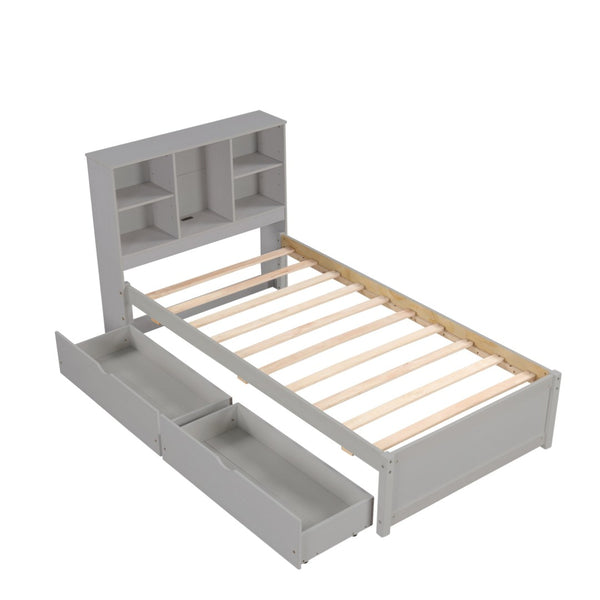 English Elm Modern Twin Storage Bed Bookcase Headboard with Usb Charging Port and Two Drawers W697P152021
