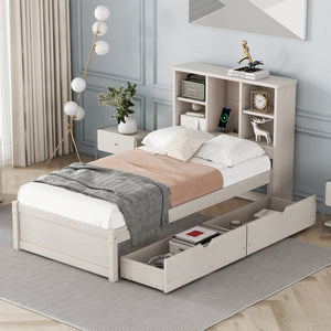 English Elm Modern Twin Storage Bed Bookcase Headboard with Usb Charging Port and Two Drawers White Washed W697P152022
