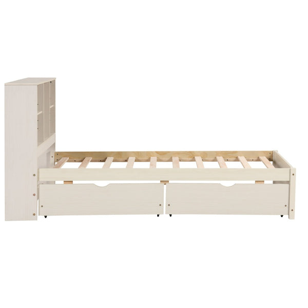 English Elm Modern Twin Storage Bed Bookcase Headboard with Usb Charging Port and Two Drawers White Washed W697P152022